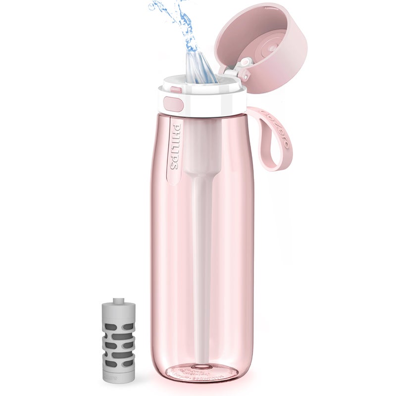 PHILIPS Filtered Water Bottle, BPA-Free Tritan Plastic Water Bottles, Replaces 450 Plastic Water Bottle with Reusable GoZero Everyday Water Filter, Portable Filtering Bottle for Travel, 22 oz, Pink - Image 1