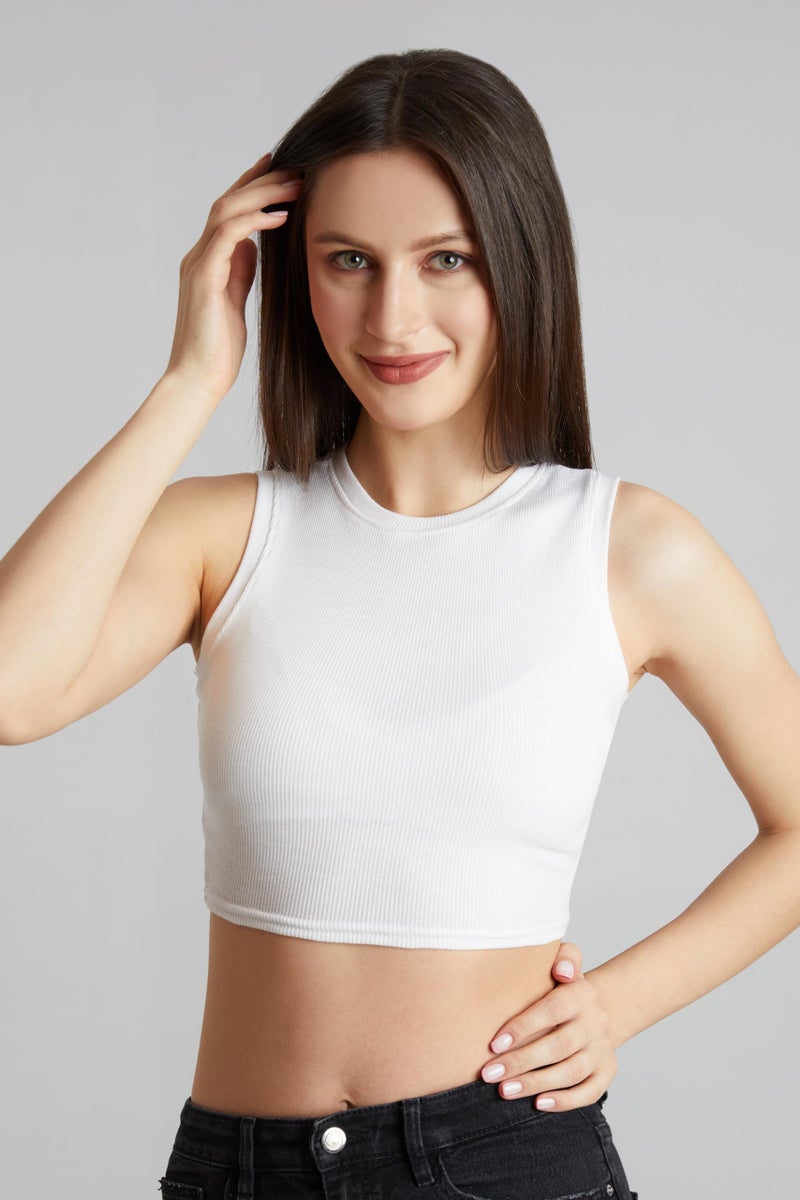 Berry&Bird BERRY BIRD® Stylish Sleeveless Round Neck Ribbed Tank Tops for Women & Girls Slim Fit Collarless Beach, Gym Wear and Western Trendy Fashion White - Image 5
