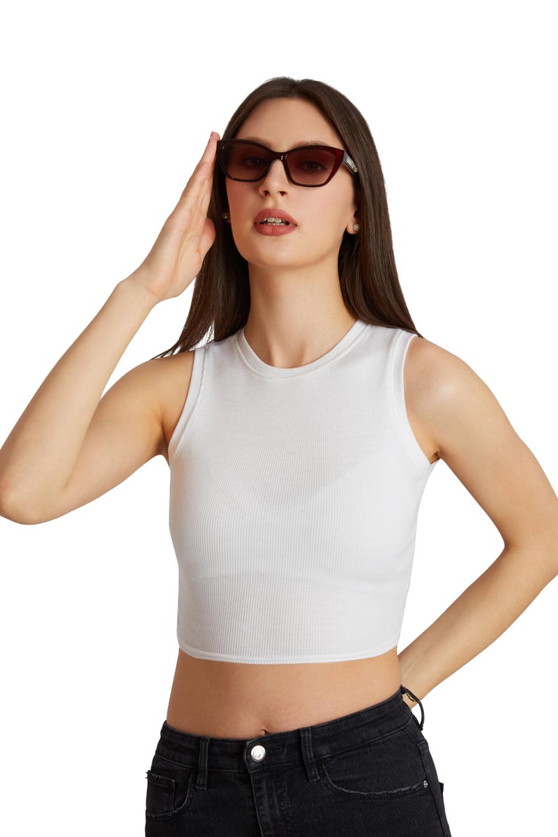 Berry&Bird BERRY BIRD® Stylish Sleeveless Round Neck Ribbed Tank Tops for Women & Girls Slim Fit Collarless Beach, Gym Wear and Western Trendy Fashion White - Image 1