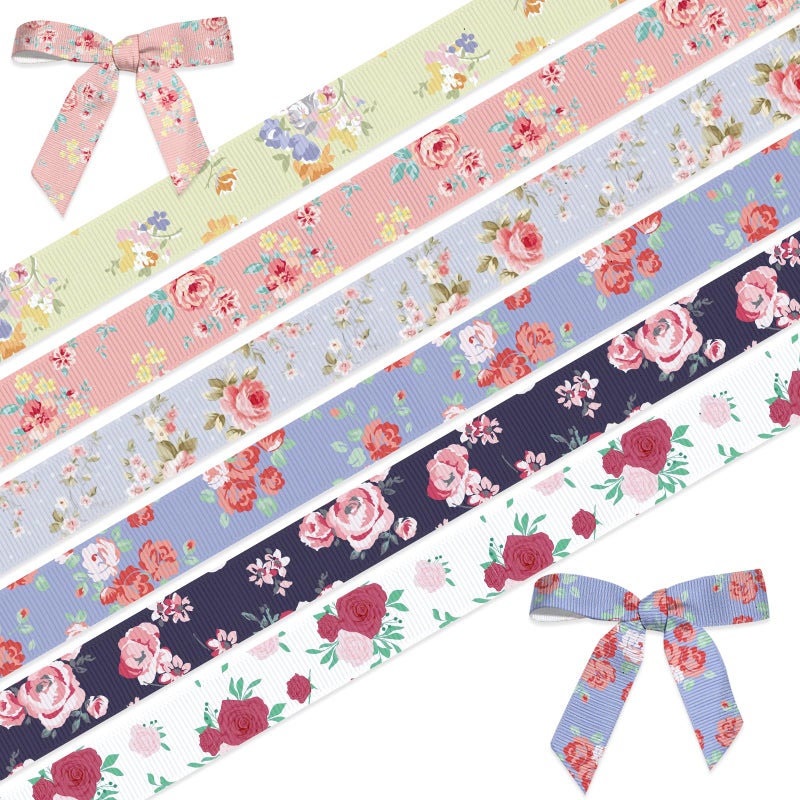 ABTOLS 6 لفات من ABTOLS، 18 ياردة، أشرطة زهور 3/8 بوصة، شريط زهور ملون عتيق، شرائط grosgrain مزخرفة، أشرطة ربيعية للمنزل والمدرسة وحفلات تغليف الهدايا - Image 1