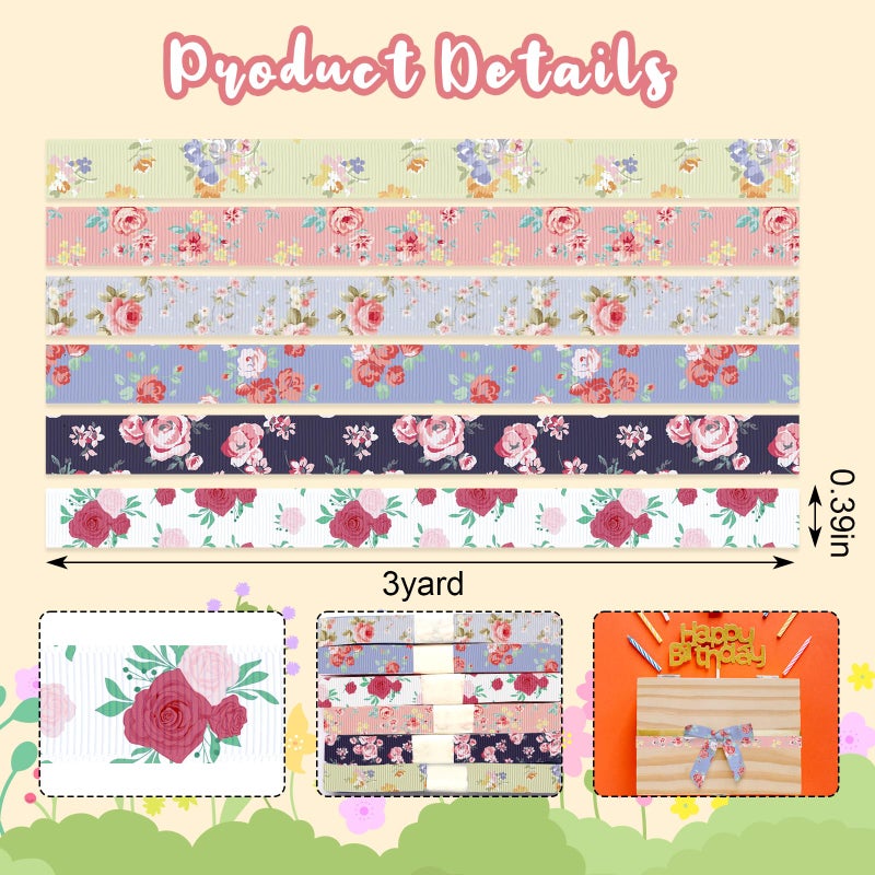 ABTOLS 6 لفات من ABTOLS، 18 ياردة، أشرطة زهور 3/8 بوصة، شريط زهور ملون عتيق، شرائط grosgrain مزخرفة، أشرطة ربيعية للمنزل والمدرسة وحفلات تغليف الهدايا - Image 2