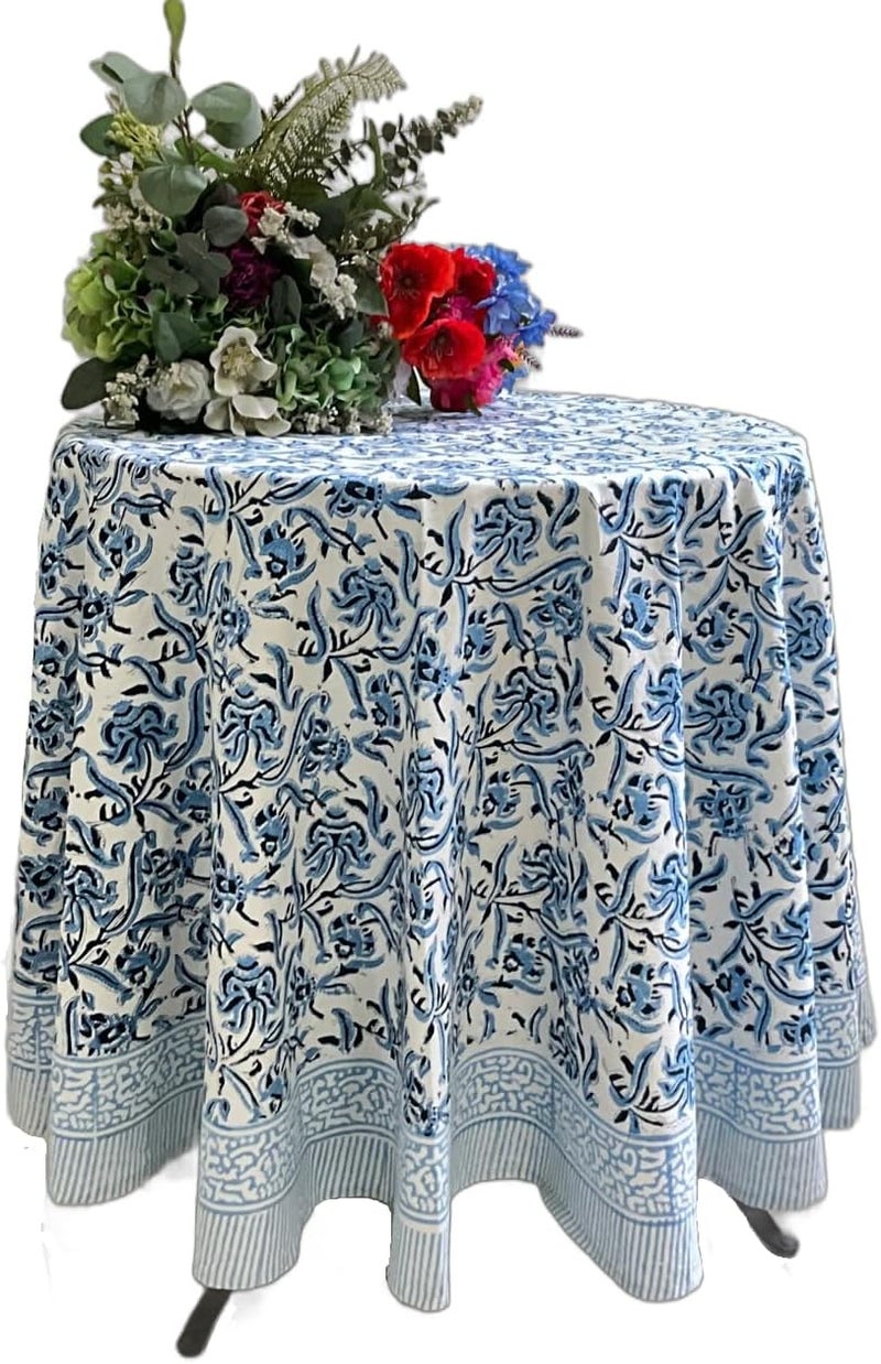 ATOSII Midnight Bloom 100 Cotton Round Tablecloth Handblock Print Floral Table Cloth for Kitchen Dining Linen I Parties Weddings Outdoors Spring Summer I 90 Inches Round - Image 1