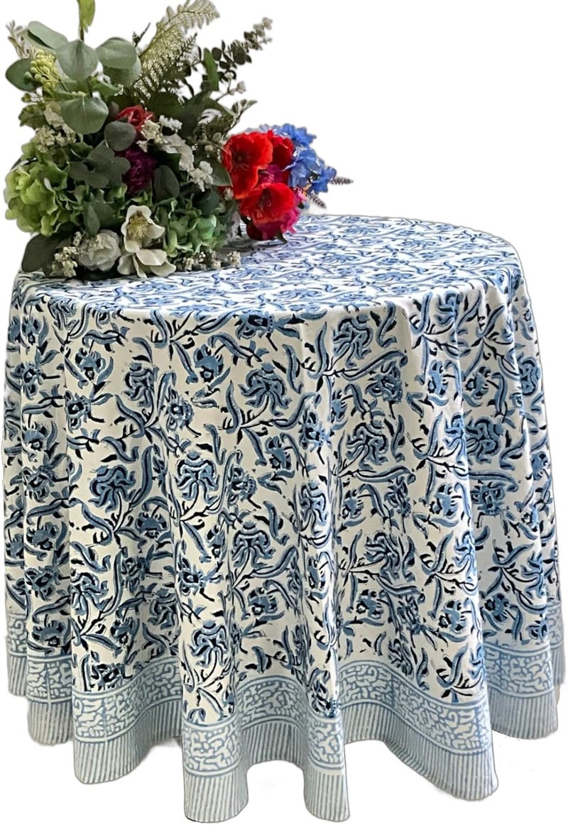 ATOSII Midnight Bloom 100 Cotton Round Tablecloth Handblock Print Floral Table Cloth for Kitchen Dining Linen I Parties Weddings Outdoors Spring Summer I 90 Inches Round - Image 3