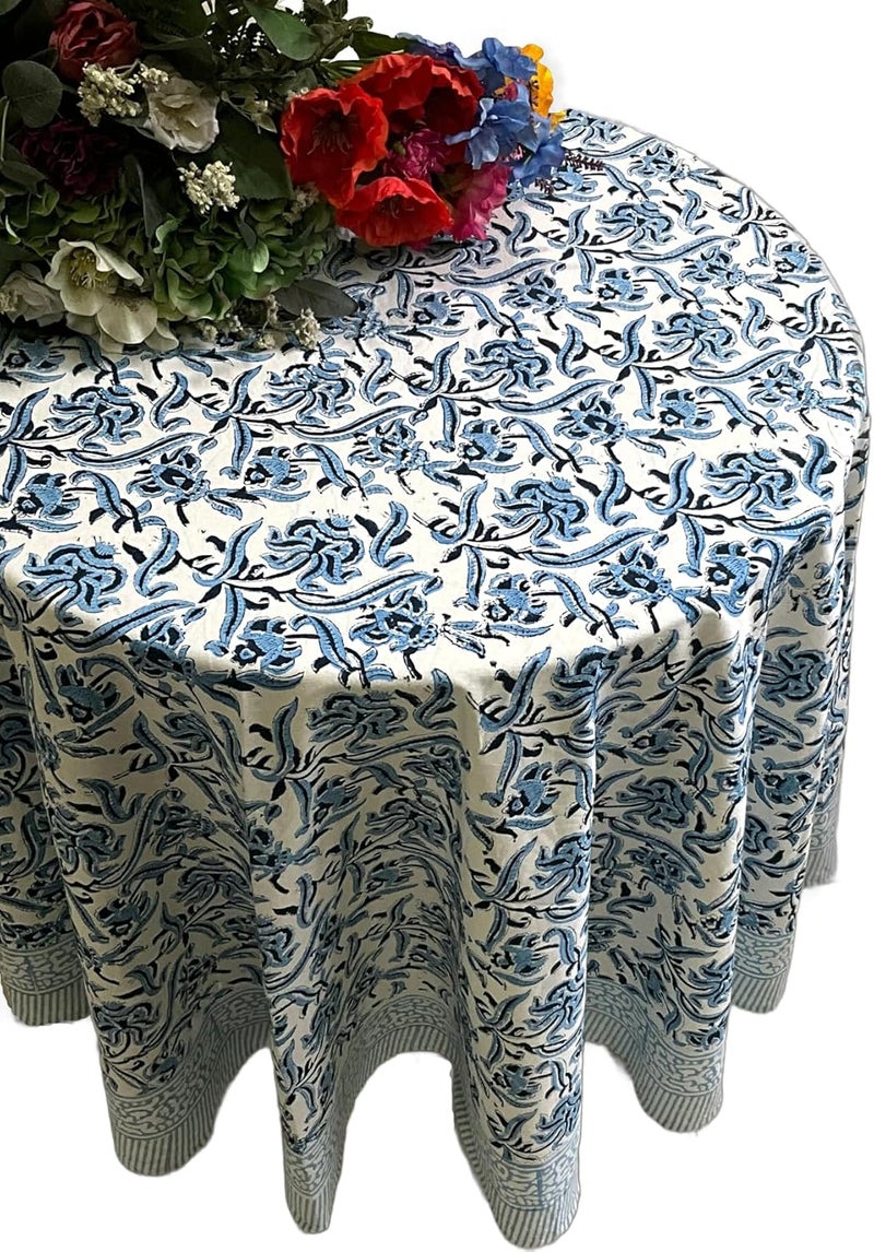 ATOSII Midnight Bloom 100 Cotton Round Tablecloth Handblock Print Floral Table Cloth for Kitchen Dining Linen I Parties Weddings Outdoors Spring Summer I 90 Inches Round - Image 2