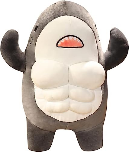 EXIGENT Kawaii Muscle Abs Teddy Bear Shark Buff Plush Cuddly Stuffed Animal Toy Figure Shark_Gray - Image 1