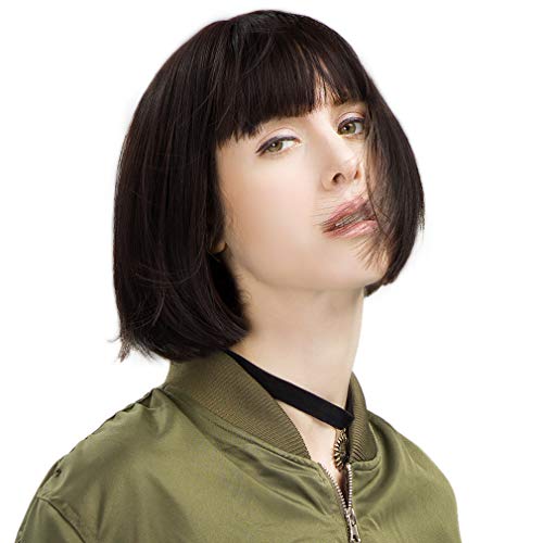 REECHO 11" Short Bob Wig with bangs Synthetic Hair for White Black Women Color: Black Brown - Image 5