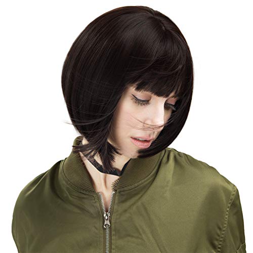 REECHO 11" Short Bob Wig with bangs Synthetic Hair for White Black Women Color: Black Brown - Image 3