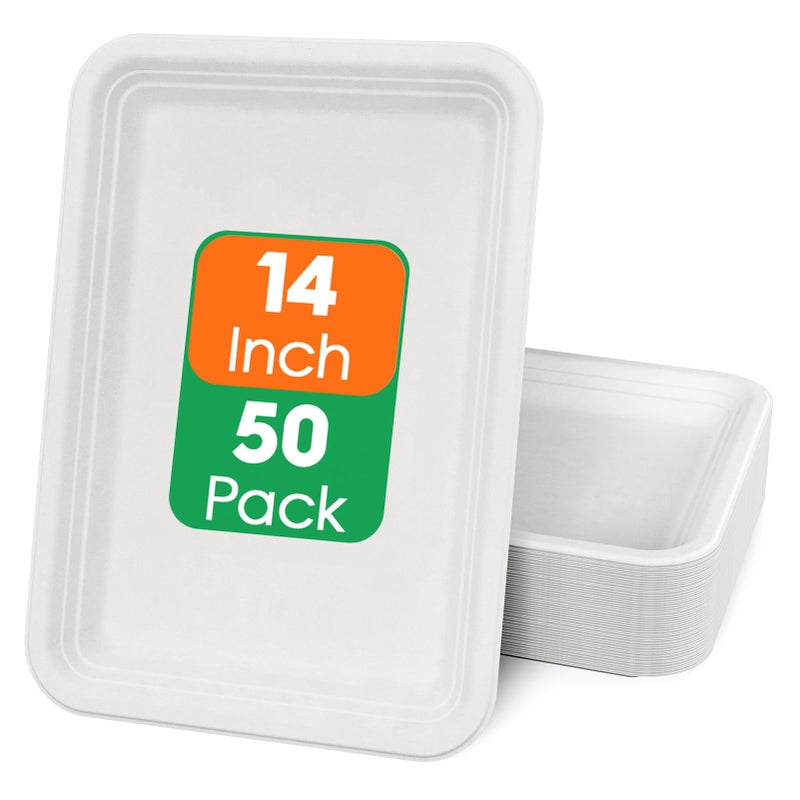 ECOLipak 50 Pack 14 Inch Disposable Food Crawfish Trays  Compostable Large Paper Plates  Disposable Thanksgiving Trays for Serving Food  Turkey  BBQ  Seafood Boil Party Supplies(White) - Image 1