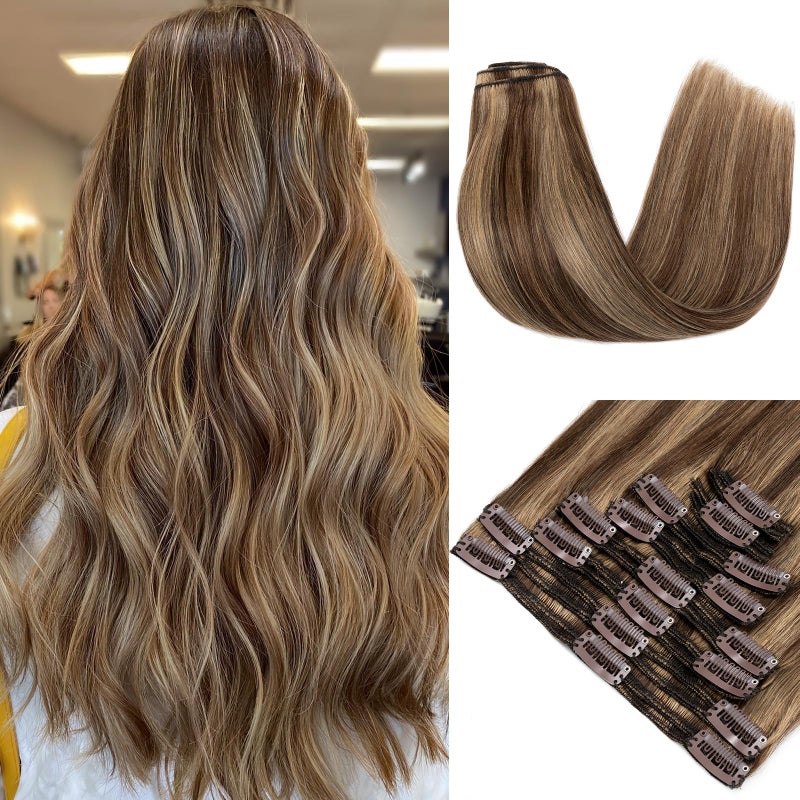 MYLADY Double Weft 100 Remy Human Hair Clip in Extensions Highlight Full Head Thick Long Soft Silky Straight 8pcs 18clips 16 16 inch 130g427 Medium brownDark Blonde