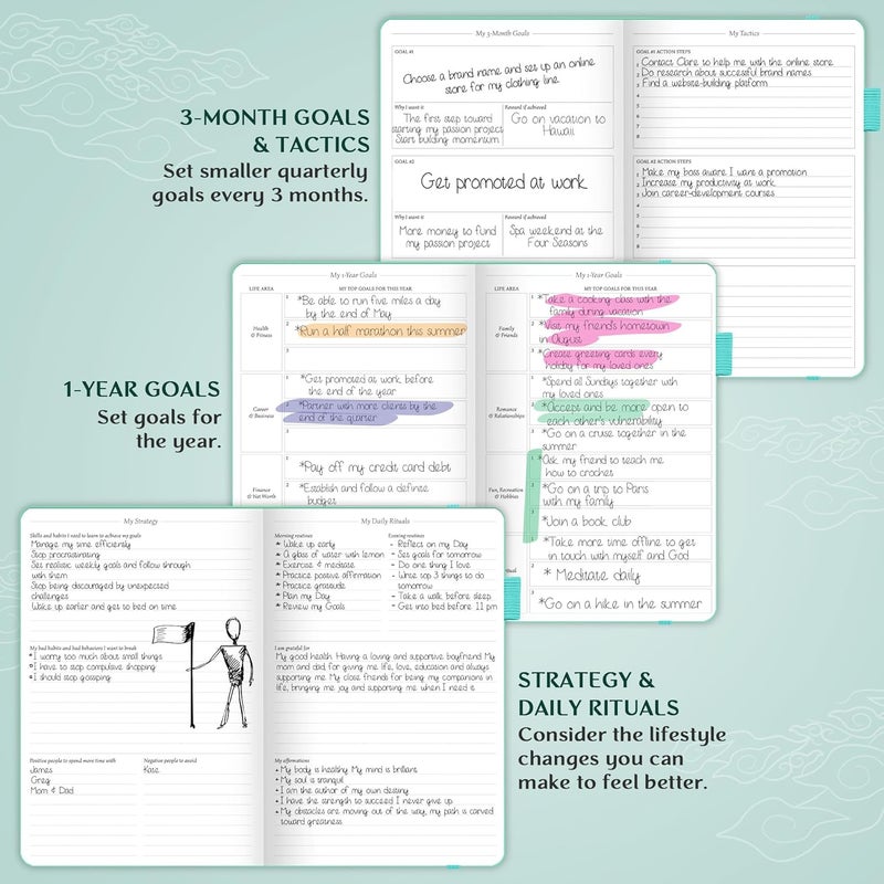 Legend Planner – مخطط أسبوعي وشهري فاخر لتحقيق أهدافك والعيش بسعادة أكبر. دفتر تنظيم ومفكرة إنتاجية. غلاف مقوى A5، غير مؤرخ – ابدأ في أي وقت + ملصقات – زبرجد - Image 5
