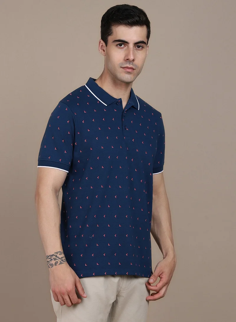 دينيس لينغو Men's Blue 100% Cotton Printed Regular Fit T-Shirt