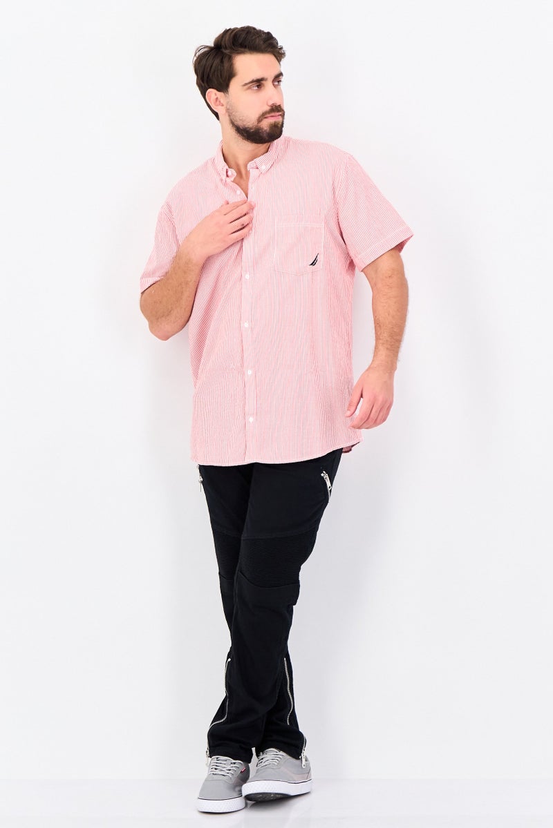 NAUTICA Men Classisc Fit Stripe Short Sleeve Casual Shirt, Red - Image 4