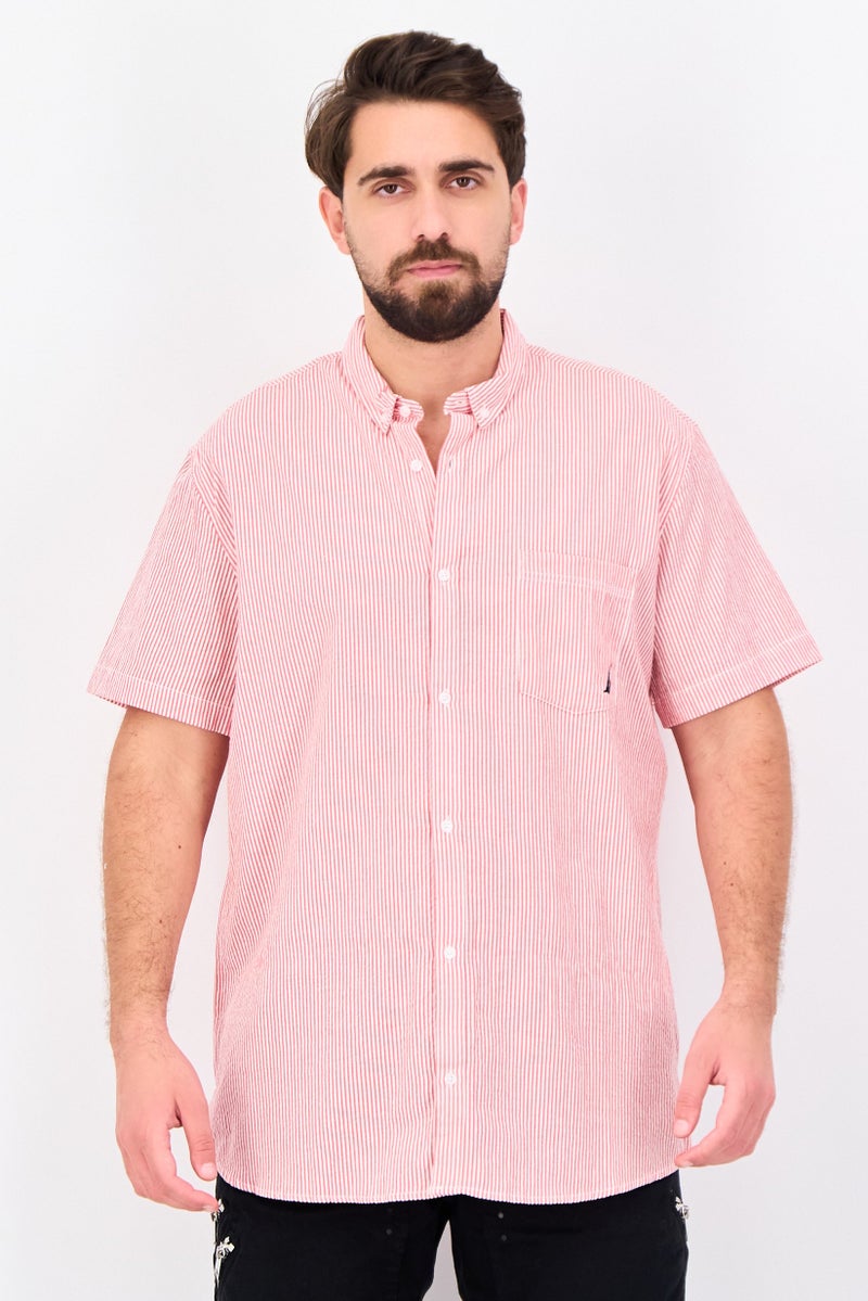NAUTICA Men Classisc Fit Stripe Short Sleeve Casual Shirt, Red - Image 1