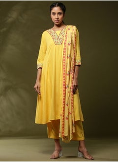 Abhishti Floral yoke embroidered 3pc kurta set- yellow  - Image 1