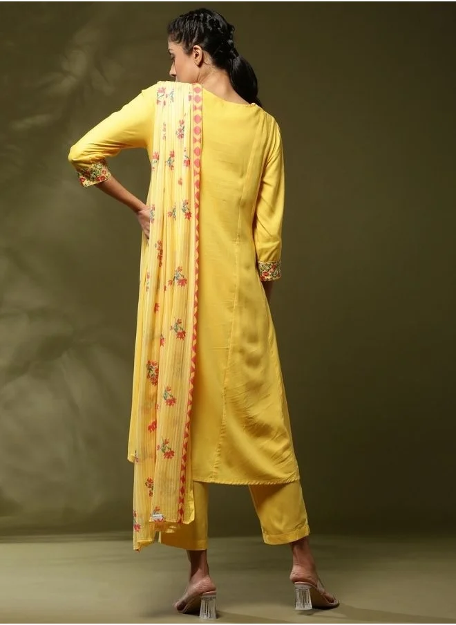 Abhishti Floral yoke embroidered 3pc kurta set- yellow