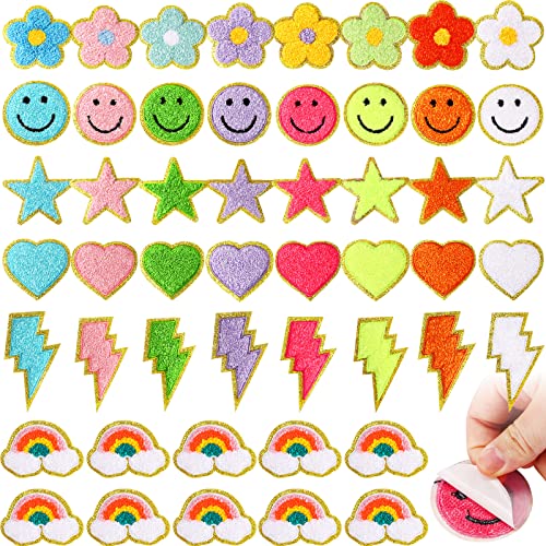 Yilloog 50 Pcs Self Adhesive Chenille Letter Patches Paw Print Smile Face Heart Patch Preppy Sticker Rainbow Sew on Sticker for Clothing Hats Bags Jackets Jeans(Colorful Style,Rainbow Color) - Image 1