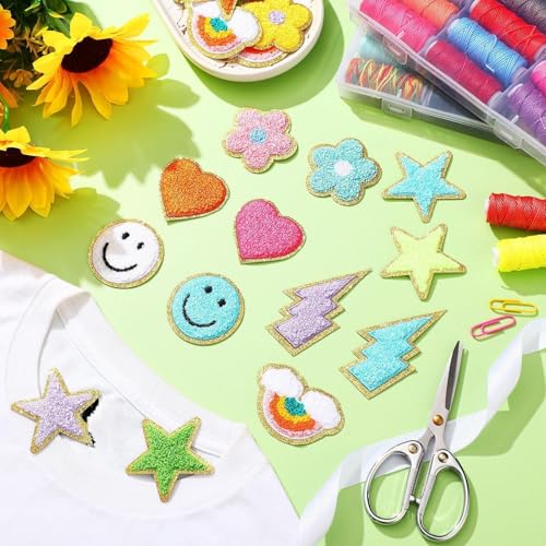 Yilloog 50 Pcs Self Adhesive Chenille Letter Patches Paw Print Smile Face Heart Patch Preppy Sticker Rainbow Sew on Sticker for Clothing Hats Bags Jackets Jeans(Colorful Style,Rainbow Color) - Image 4