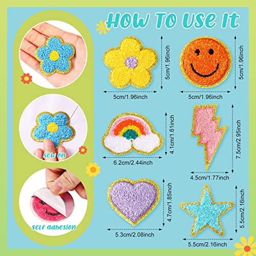 Yilloog 50 Pcs Self Adhesive Chenille Letter Patches Paw Print Smile Face Heart Patch Preppy Sticker Rainbow Sew on Sticker for Clothing Hats Bags Jackets Jeans(Colorful Style,Rainbow Color) - Image 2
