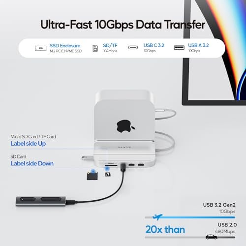 PULWTOP Mac mini M4 Dock with 4TB M.2 SSD Enclosure, 8-in-1 Aluminum Vertical USB-C Hub for Mac mini M4 Pro Hub Stand with USB-A/C 3.2 10Gbps, 2xUSB-A 2.0, 3.5mm Audio, SD/TF Slots (SSD NOT Included) - Image 4