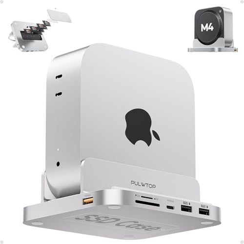PULWTOP Mac mini M4 Dock with 4TB M.2 SSD Enclosure, 8-in-1 Aluminum Vertical USB-C Hub for Mac mini M4 Pro Hub Stand with USB-A/C 3.2 10Gbps, 2xUSB-A 2.0, 3.5mm Audio, SD/TF Slots (SSD NOT Included) - Image 1
