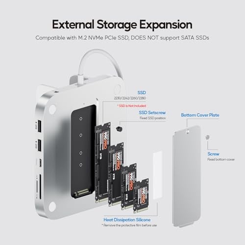PULWTOP Mac mini M4 Dock with 4TB M.2 SSD Enclosure, 8-in-1 Aluminum Vertical USB-C Hub for Mac mini M4 Pro Hub Stand with USB-A/C 3.2 10Gbps, 2xUSB-A 2.0, 3.5mm Audio, SD/TF Slots (SSD NOT Included) - Image 3