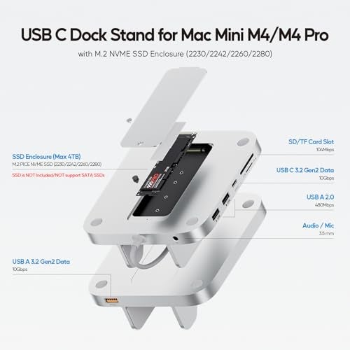PULWTOP Mac mini M4 Dock with 4TB M.2 SSD Enclosure, 8-in-1 Aluminum Vertical USB-C Hub for Mac mini M4 Pro Hub Stand with USB-A/C 3.2 10Gbps, 2xUSB-A 2.0, 3.5mm Audio, SD/TF Slots (SSD NOT Included) - Image 2
