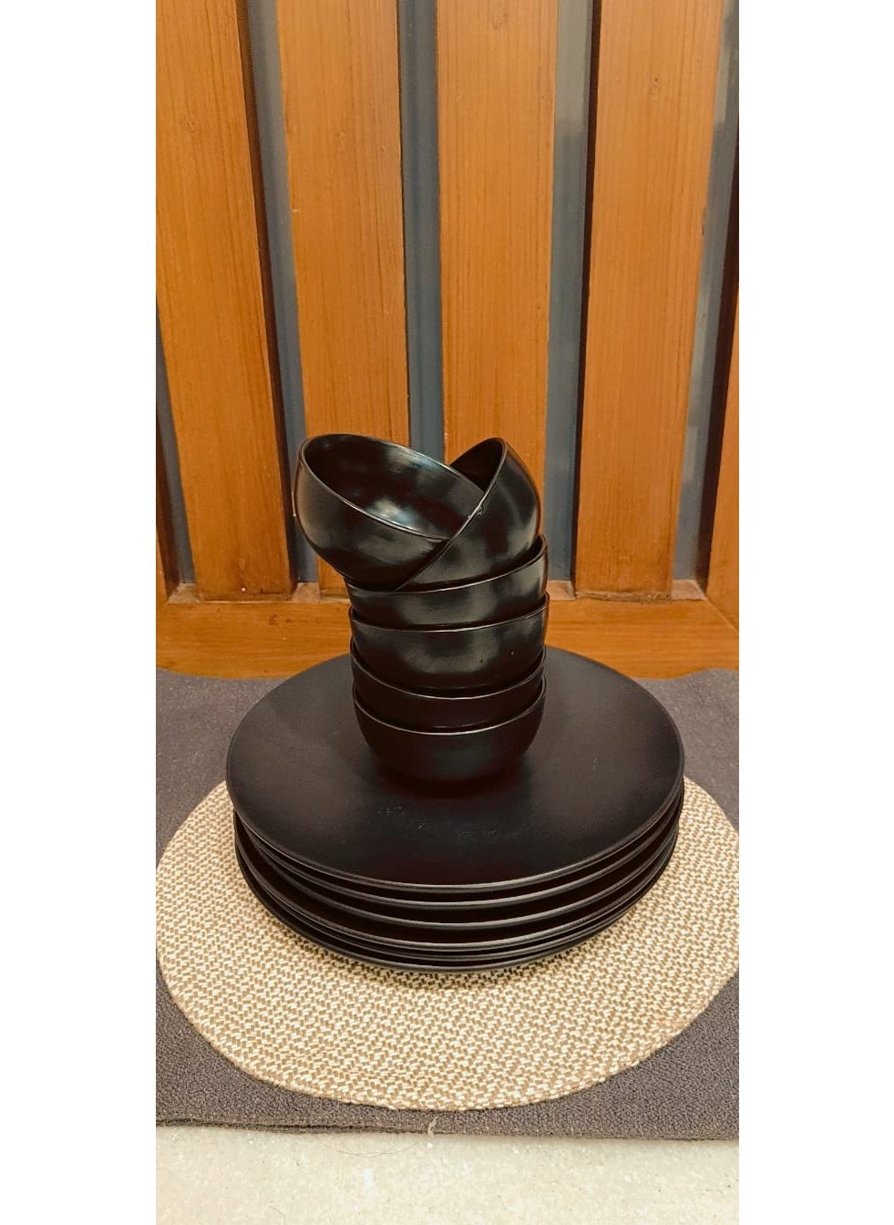 Caffeine Caffeine Ceramic Handmade Black Matte Combo Dinner Set (Set of 12) 6 10" Dinner Plate, 6 Katori Bowl  - Image 1