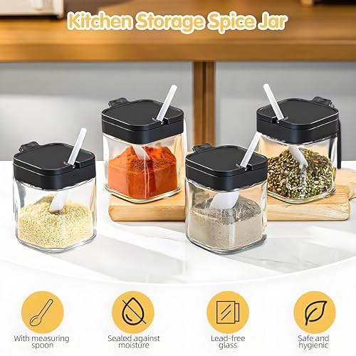 WANYISHUN Condiment Jar Spice Container with Lids and Spoons Kitchen Spice Pot Set of 3 11oz Clear Glass Condiment Pot with Tray Kitchen Salt Pepper Sugar Storage Container Jar black 300ml - Image 3