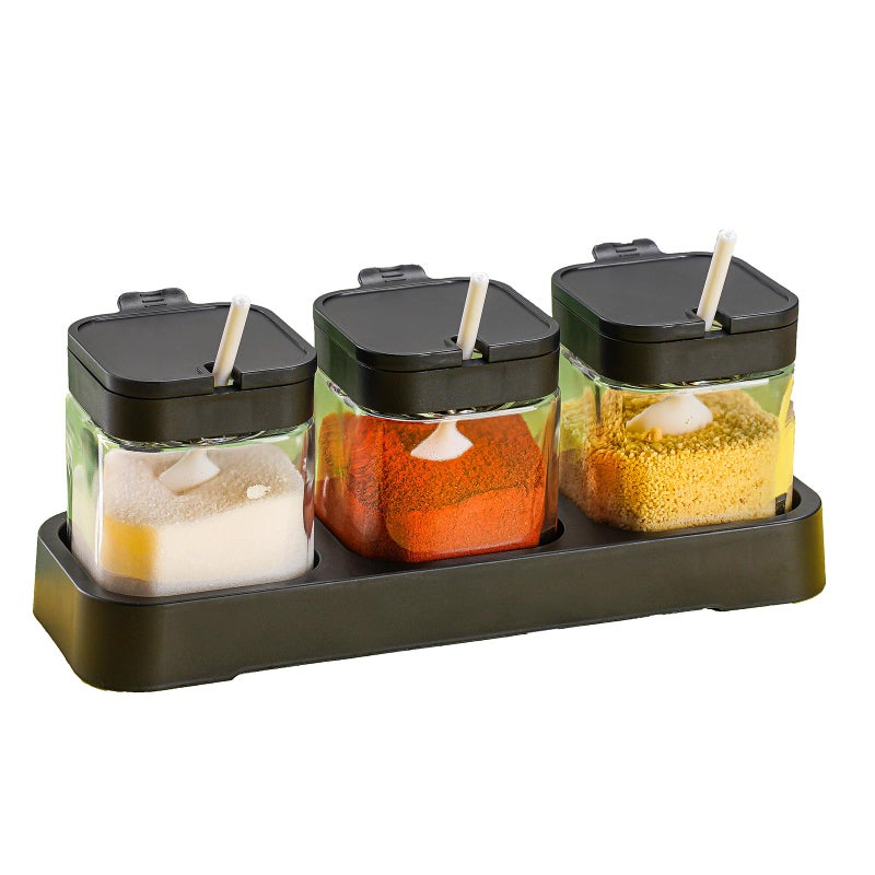 WANYISHUN Condiment Jar Spice Container with Lids and Spoons Kitchen Spice Pot Set of 3 11oz Clear Glass Condiment Pot with Tray Kitchen Salt Pepper Sugar Storage Container Jar black 300ml - Image 2