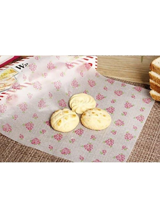 ورق زبدة مزخرف بنقوش زهور – 50 قطعة ورق شمعي للطعام – ورق تغليف مقاوم للماء والزيوت للساندويتش والحلويات والبسكويت – بطانات سلال – مقاس 21.5 × 25 سم - Image 3