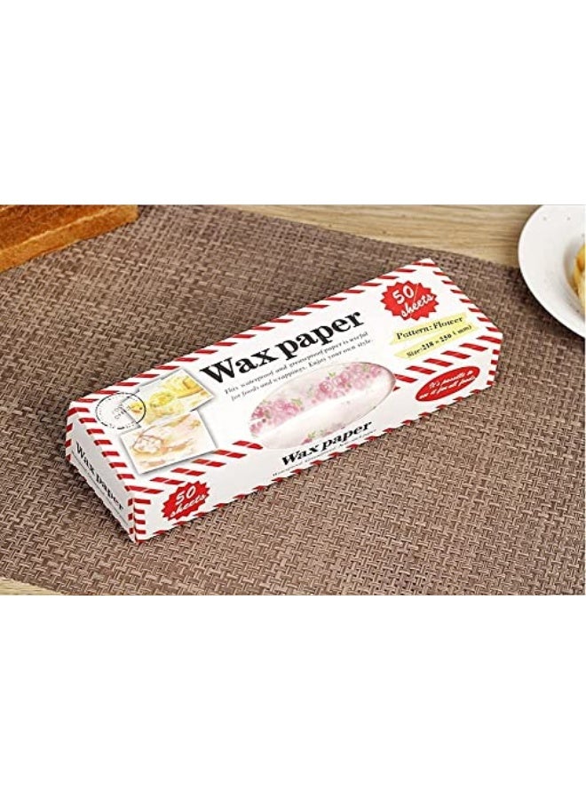 ورق زبدة مزخرف بنقوش زهور – 50 قطعة ورق شمعي للطعام – ورق تغليف مقاوم للماء والزيوت للساندويتش والحلويات والبسكويت – بطانات سلال – مقاس 21.5 × 25 سم - Image 2