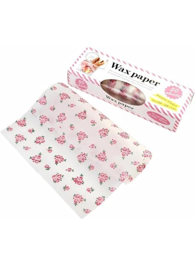 ورق زبدة مزخرف بنقوش زهور – 50 قطعة ورق شمعي للطعام – ورق تغليف مقاوم للماء والزيوت للساندويتش والحلويات والبسكويت – بطانات سلال – مقاس 21.5 × 25 سم - Image 1
