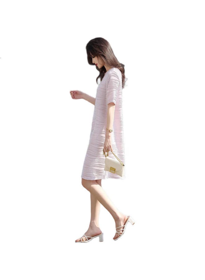 dme [Simple And Elegant] Spring And Autumn Round Neck A-Line Textured Knit Slightly Stretchy Midi Dress For Women - Image 3