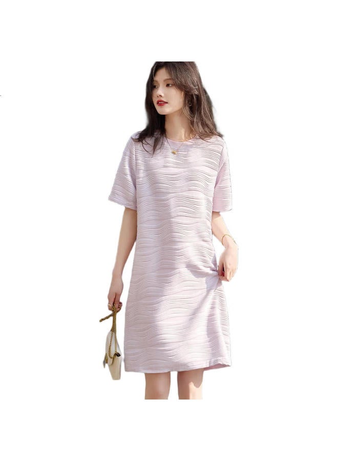 dme [Simple And Elegant] Spring And Autumn Round Neck A-Line Textured Knit Slightly Stretchy Midi Dress For Women - Image 1