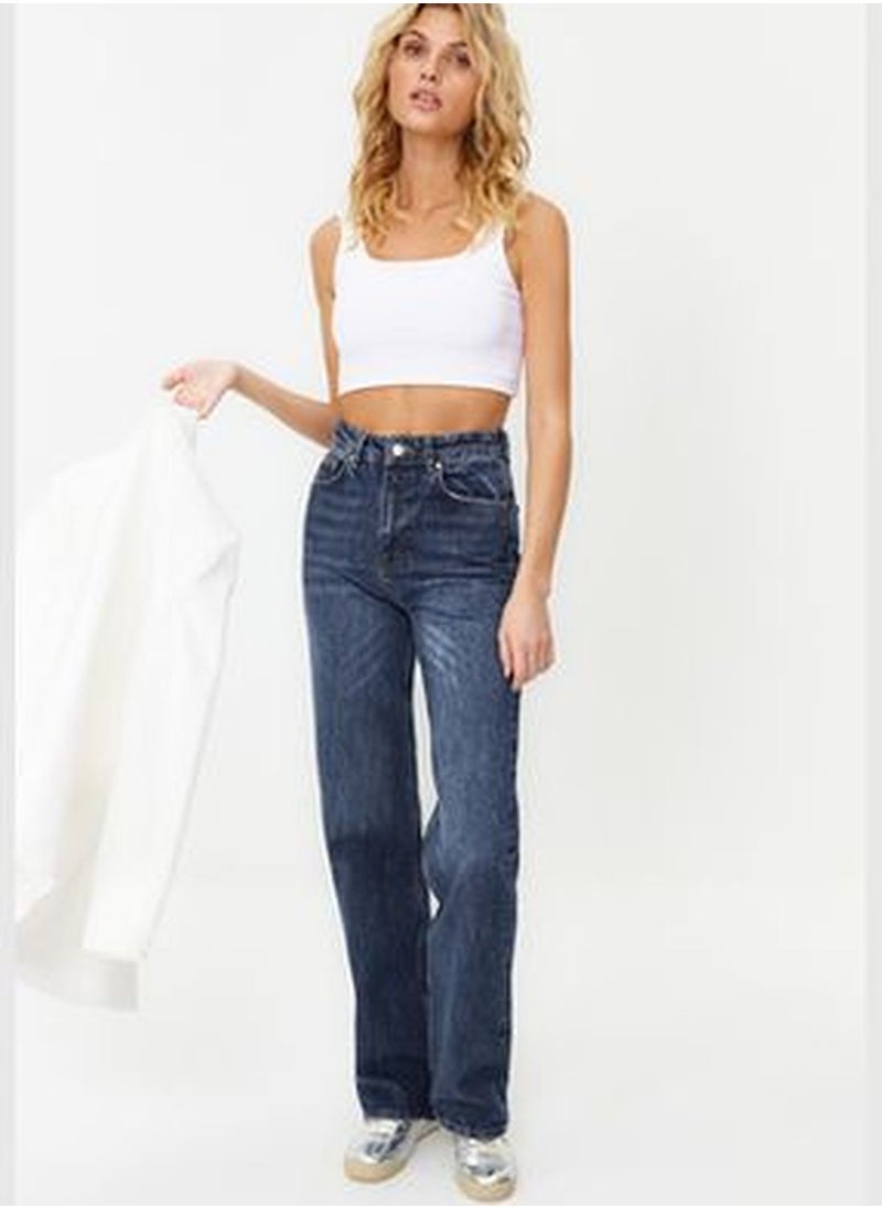 trendyol Dark Blue Normal Waist Wide Leg Jeans TWOSS24JE00068  - Image 3