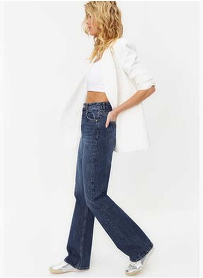 trendyol Dark Blue Normal Waist Wide Leg Jeans TWOSS24JE00068  - Image 2