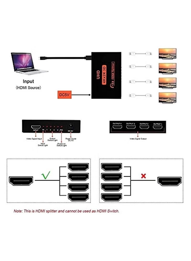 4K Hdmi Video Splitter 1 In 4 Out V1 4B Powered Hdmi Splitter With Ac Adaptor Supports Hdcp Ultra Hd 1080P 2K And 3D Resolutions - Image 2