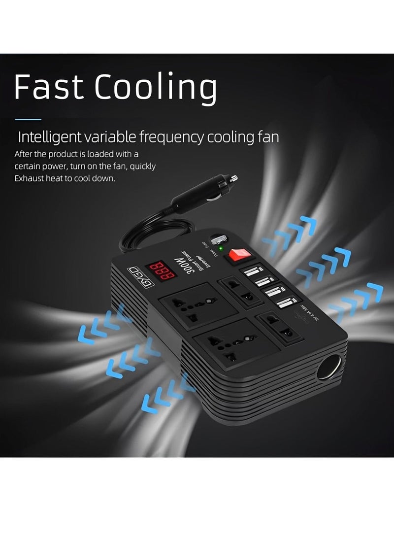 JAJEEK 300W Car Power Inverter – DC 12V to 220V AC Converter with LED Display, 4 USB Ports, 4 Charger Outlets, Pure Sine Wave – Portable Charger for Cars, Trucks, RVs - Image 4