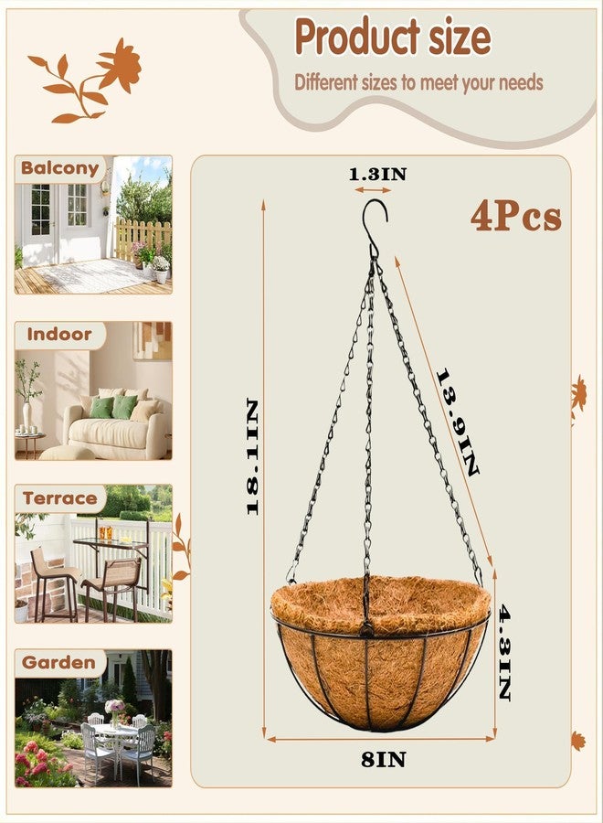 JFFLYIT 8 inch Metal Hanging Baskets For Plants Outdoor 4 Pack Round Metal Wire Hanging Basket Planter with Coco Fiber Liners Chain Round Wire Plant Holder for Garden, Patio, Deck, Porch Plants Flower Potss - Image 4