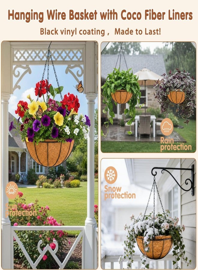 JFFLYIT 8 inch Metal Hanging Baskets For Plants Outdoor 4 Pack Round Metal Wire Hanging Basket Planter with Coco Fiber Liners Chain Round Wire Plant Holder for Garden, Patio, Deck, Porch Plants Flower Potss - Image 3