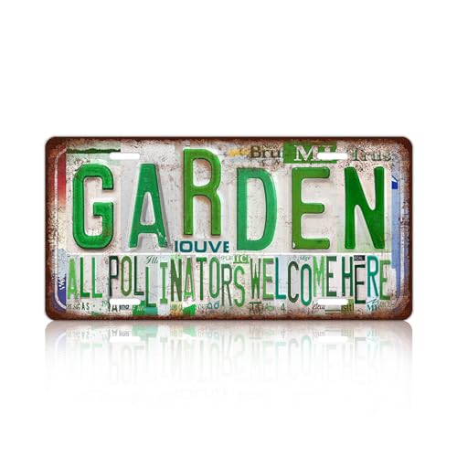 MTsigns Vintage Garden Metal Tin Sign License Plate Wall Decor for Garden Lover 12 x 6 Inches - all pollinators welcome here - Image 1