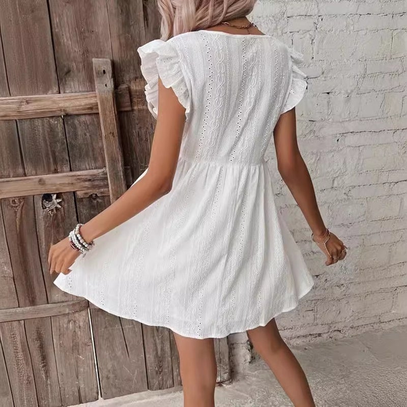 White Embroidered Boho Dress with Deep V-Neck and Petal Sleeves - Image 4