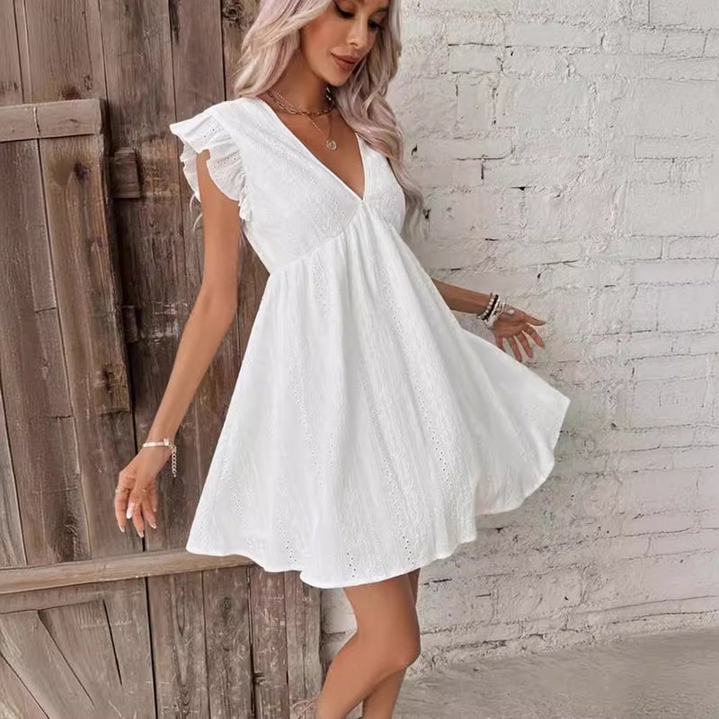 White Embroidered Boho Dress with Deep V-Neck and Petal Sleeves - Image 3