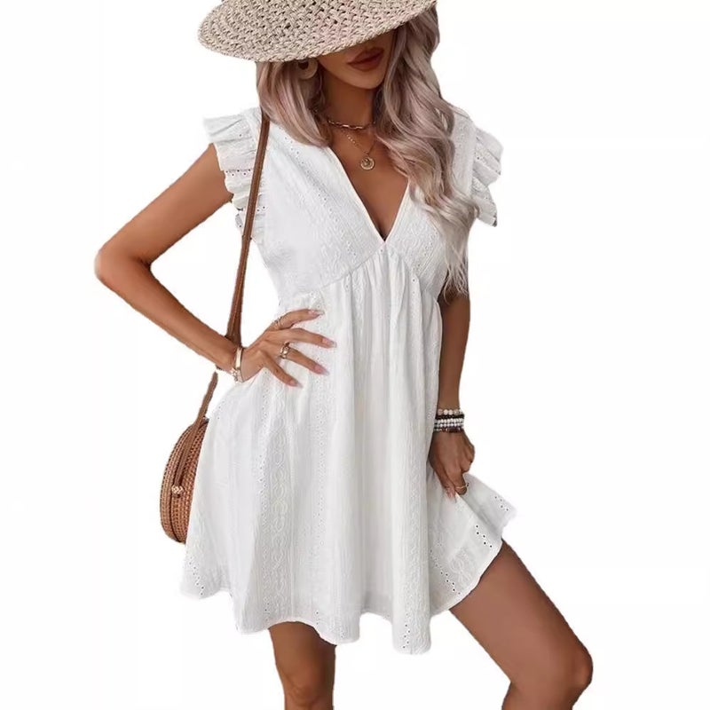 White Embroidered Boho Dress with Deep V-Neck and Petal Sleeves - Image 5