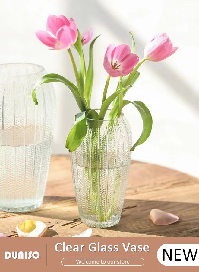 DUNISO Clear Embossed Glass Vase Glass Flower Vase Transparent Vase Modern Decorative Bouquet Vase for Home Decor Office Wedding Gift Dining Table Party - Image 1