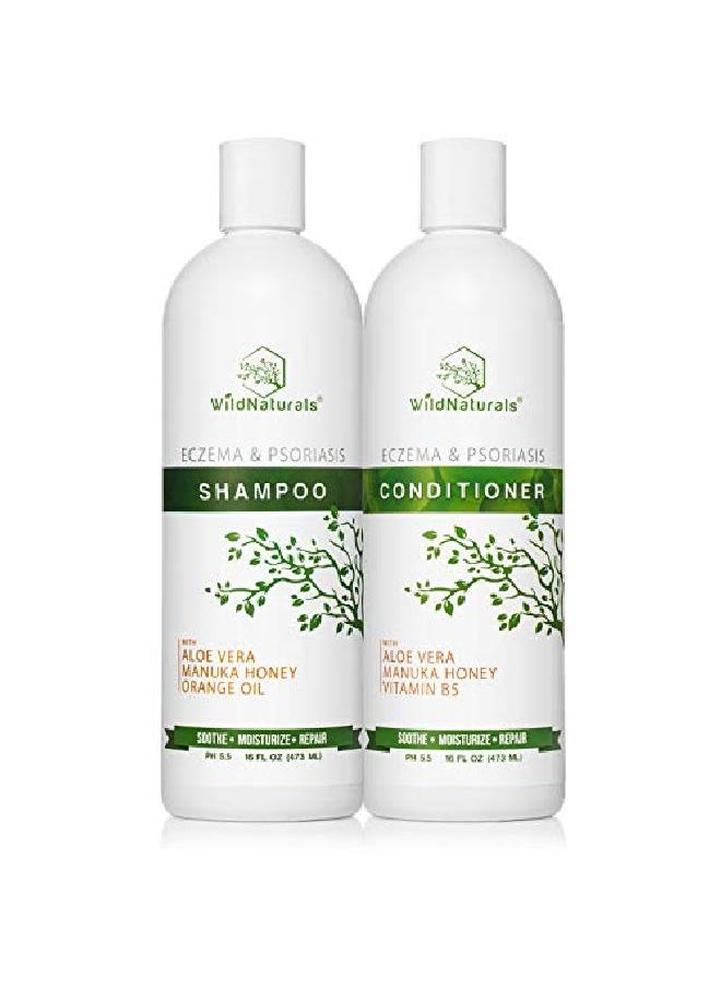 Wild Naturals - Eczema Psoriasis Shampoo Conditioner Set 16Oz 98% Natural 80% Organic Sulfate Free Soothing Anti Dandruff Flaky Itchy Dry Scalp Treatment For Seborrheic Dermatitis Damaged Hair - Image 1