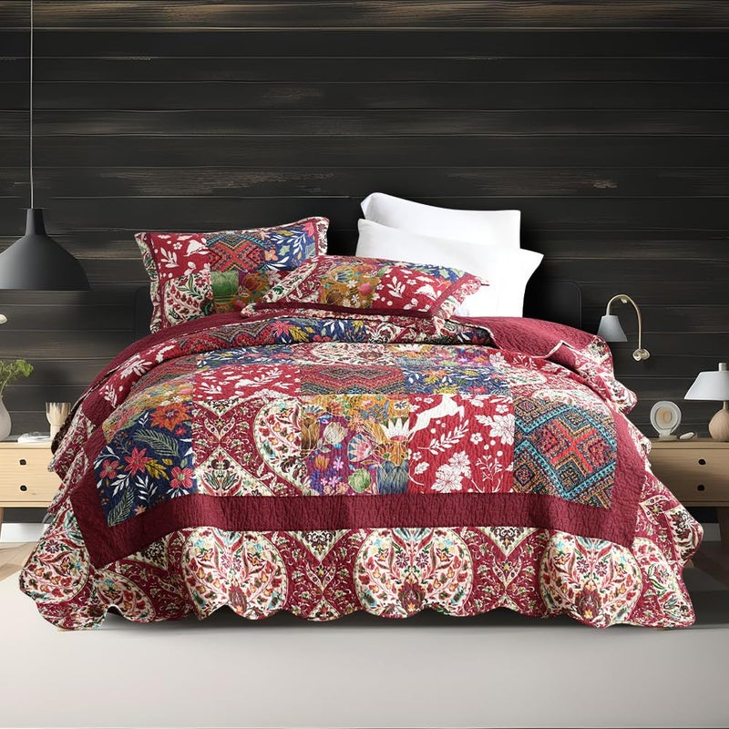 ENASAL Cotton Bedspread Quilt Sets Reversible Bedding Coverlet Sets Comforters Vintage Luxury Damask Floral Real Patchwork Burgundy Bedspread,Queen Size - Image 1