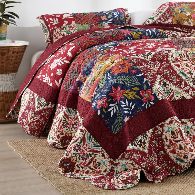 ENASAL Cotton Bedspread Quilt Sets Reversible Bedding Coverlet Sets Comforters Vintage Luxury Damask Floral Real Patchwork Burgundy Bedspread,Queen Size - Image 4