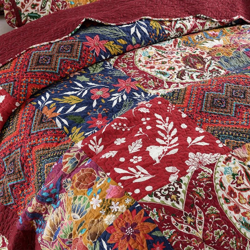 ENASAL Cotton Bedspread Quilt Sets Reversible Bedding Coverlet Sets Comforters Vintage Luxury Damask Floral Real Patchwork Burgundy Bedspread,Queen Size - Image 5