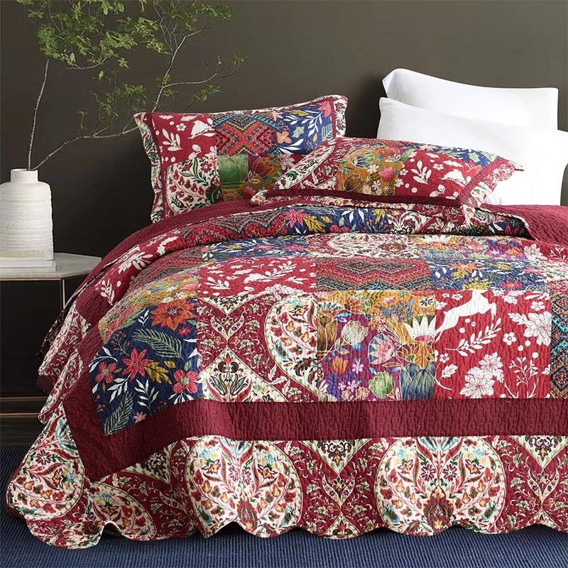 ENASAL Cotton Bedspread Quilt Sets Reversible Bedding Coverlet Sets Comforters Vintage Luxury Damask Floral Real Patchwork Burgundy Bedspread,Queen Size - Image 3